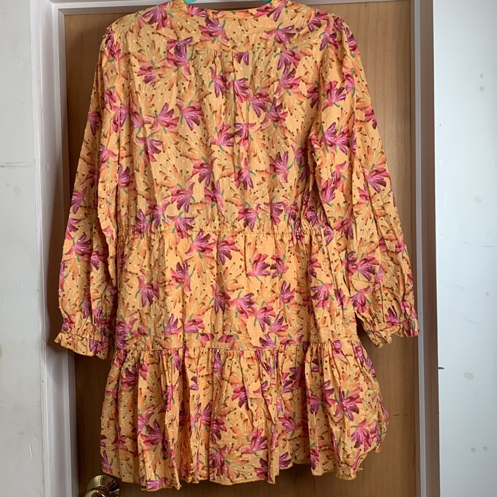 Mustard Yellow Beaded Tassle Tie Floral Print Mini Dress - Size M - Picture 3 of 4